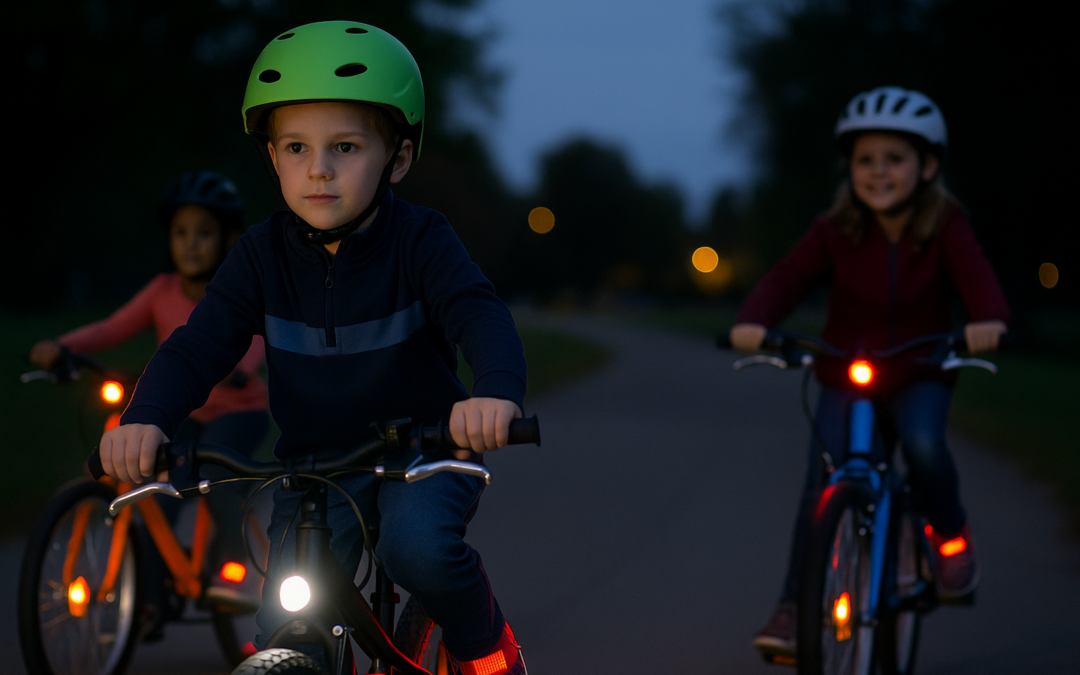 Cyclist using front and rear lights while riding after sunset in Naples